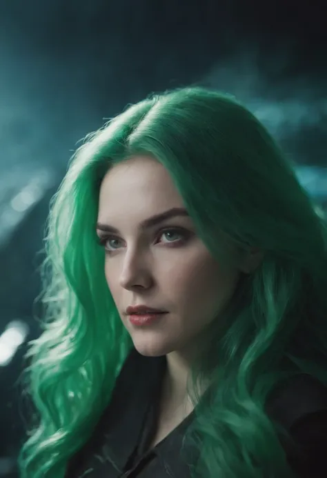 a picture of a future knight, long green hair, evil, hero, she is coming to you, up close, dark ocean,( underwater:1.1), lightning, bright eyes, wearing a office clothes, tentacles, octopus, (up close:1.3)