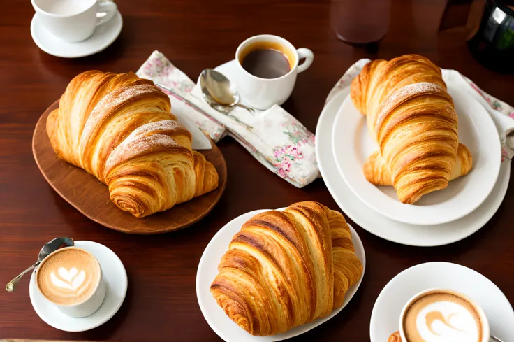 Fresh bread、Freshly baked croissants、coffee cup、Charm Details、The table、