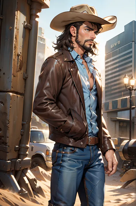 cowboy, Muscular man, blue dress shirt, Brown leather jacket, long black jeans, Cowboy boots, revolver, Cowboy hat, Dark brown hair, Short hair, Brown eyes, Medium beard, Mechanical right arm, desert scenery, There was sand everywhere.