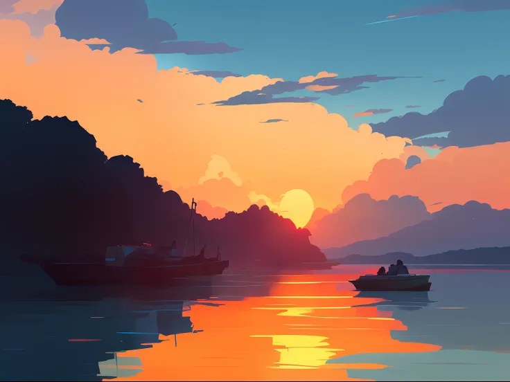 Sunset seascape as the sun is about to set, in style of atey ghailan, atey ghailan 8 k, by Alena Aenami, by Atey Ghailan, art of alena aenami, by sylvain sarrailh, inspired by Atey Ghailan, style of alena aenami, artistic. alena aenami