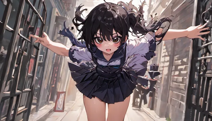 ((in kyoto animation style)), super precision, ​masterpiece, very extremely beautiful, princess face, ((1 girl:1.5)), ((solo:1.5)), big eyes, dress_shirt a white, short_sleeves, navel, skindentation, thighhighs, ((black hair:1.5)), ((black eyes:1.5)), ((sh...