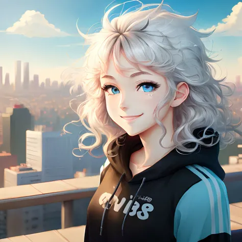 ((Anime style)),  ((White messy hair,)) ((Blue eyes,)) 1 female, ((black sweatpants)), ((smile,)) portrait, ((city in background,)) hair flowing upwards ((ultra quality))