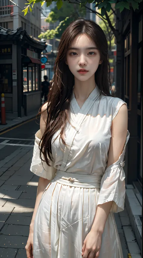 ((high quality, masterpiece:1.4)), 1girl, ((elegant, majestic, beautiful, korean, upper body, street clothes:1.4, pretty face, noon, street background:1.2)), absurdres, high details, intricate, intricate details, sharp focus, screen space reflextions, RTX,...