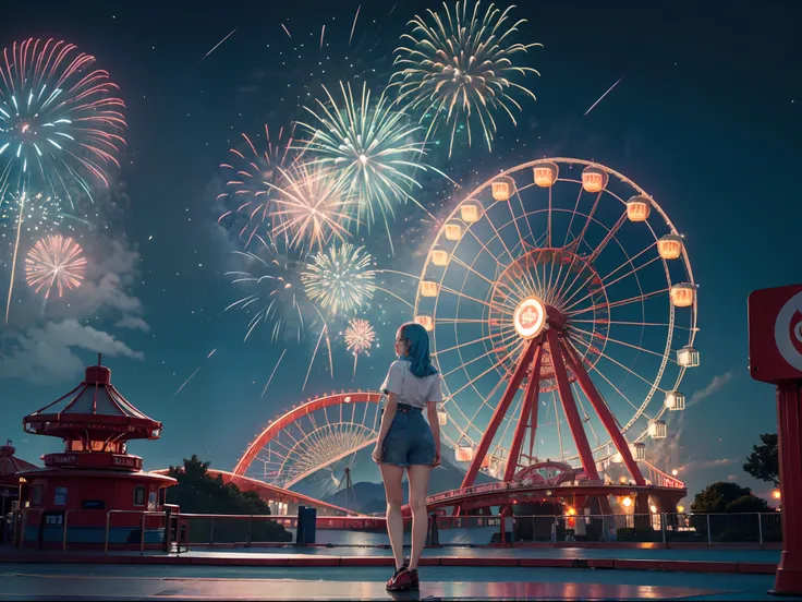 1 girl with red light blue hair, standing at the amusement park in front of the giant wheel or ferris wheel, and see the fireworks on the sky beautiful green and blue fireworks, night view, 8K UHD, Nvidia RTX 4090 rendering, ray tracing, DLSS 3.