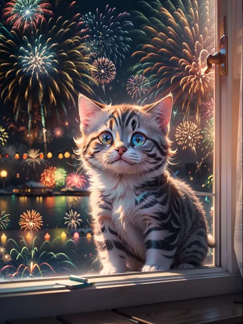 funny picture，at winter season，Kitten in the window，((Brilliant fireworks outside the window，Huge fireworks，Extremely colorful，Colorful))