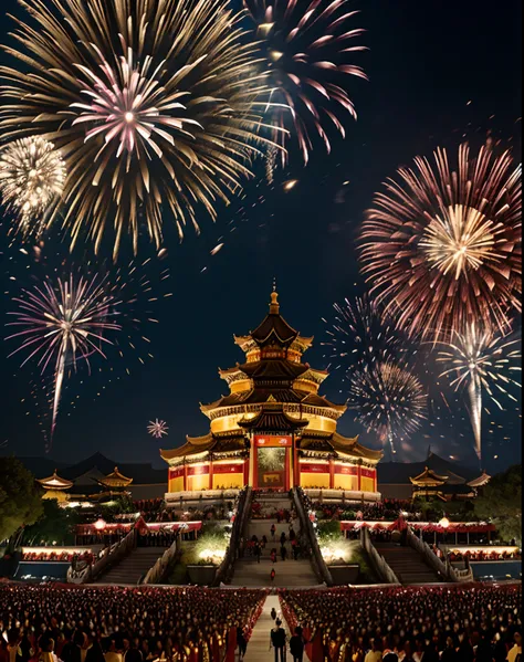 new chinese year, ((fireworks)), chinese fireworks, (chinese paper dragons), chinese intricate castles, red and gold, masterpiece, best quality