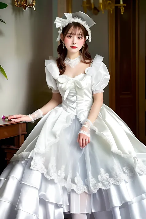 Close up portrait of woman in white satin dress and white satin gloves, rococo dress, rococo queen, Victorian white dress, rococo ruffles dress, dress in the style of rococo, fantasy dress, Lolita style, ethereal fairy tale, Icy White Dress, victorian dres...