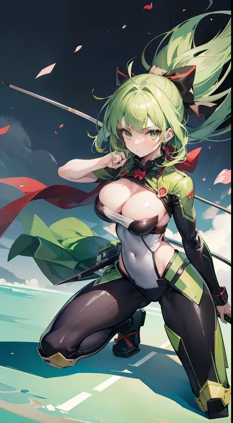 1girl, green hair, green eyes, big boobs, mecha samurai suit, bows, archer, focus, squat, windy, nightmare