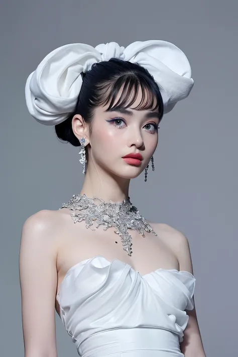 (extra detailed body、extra detailed face、best qualtiy:1.2)、femele、looking at the viewers、(Wacky fashion、Gaultiers worldview、Large silver earrings up to the shoulder、Silver Fancy Necklace、Mode system、fashionshow)、(Stylish walls in blue, Gray and white on ba...