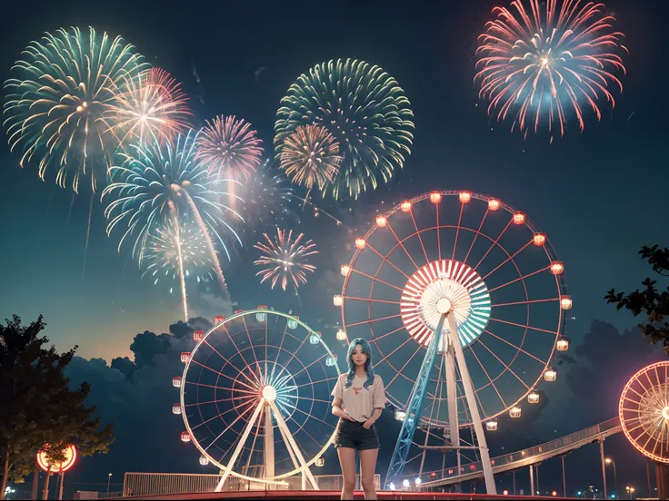 1 girl with red light blue hair, standing at the amusement park in front of the giant wheel or ferris wheel, and see the fireworks on the sky beautiful green and blue fireworks, night view, 8K UHD, Nvidia RTX 4090 rendering, ray tracing, DLSS 3.