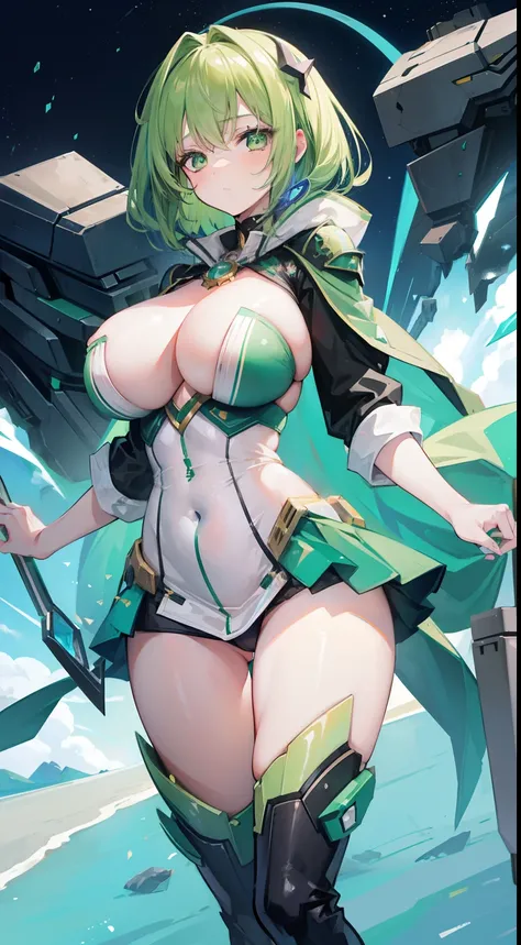 1girl, green hair, green eyes, big boobs, mecha suit, magic, whitecrystal, seal, runes, mage