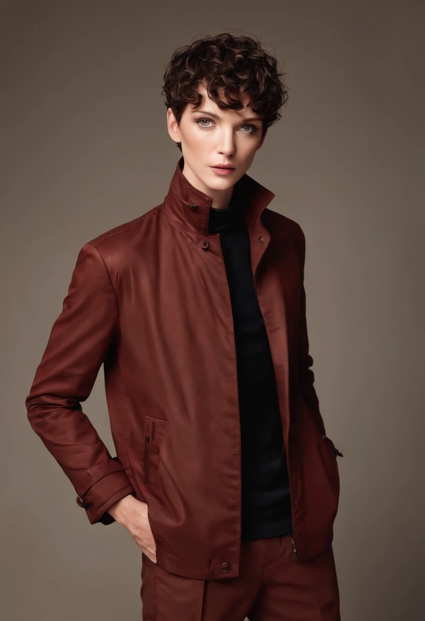 A handsom man in red, wearing a jacket, Tall and fit, (40 years old:1.1), (shaven:1.2), (short brown hair and a little curly:1.5),(very short hair:1.6). in the style of patrick demarchelier, sharp edges.