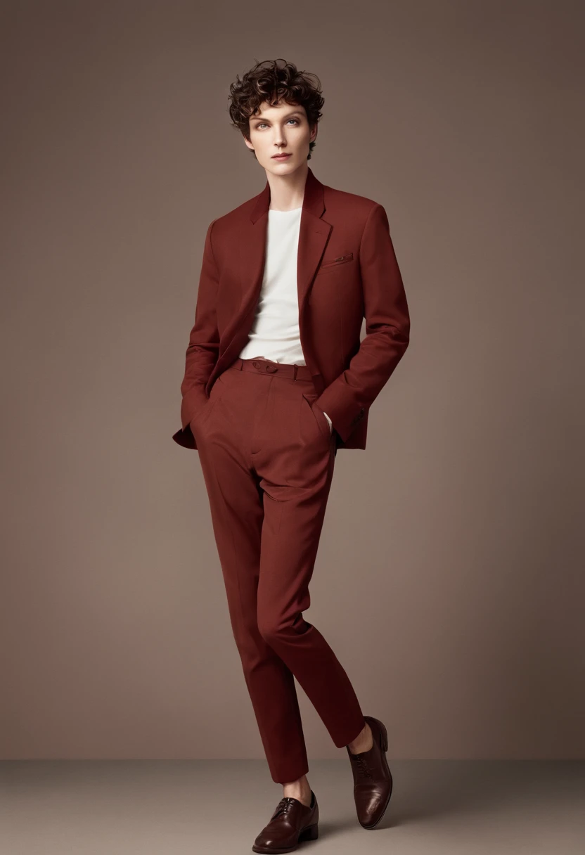 A handsom man in red, wearing a jacket, Tall and fit, (40 years old:1.1), (shaven:1.2), (short brown hair and a little curly:1.5),(very short hair:1.6). in the style of patrick demarchelier, sharp edges.