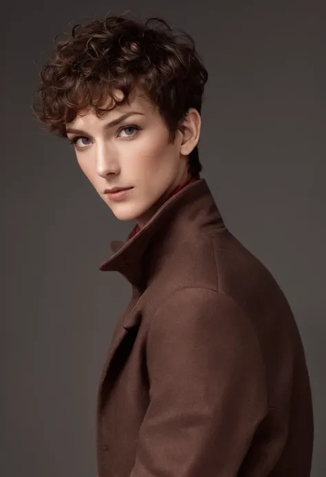 A handsom man in red, wearing a jacket, Tall and fit, (40 years old:1.1), (shaven:1.2), (short brown hair and a little curly:1.5),(very short hair:1.6). in the style of patrick demarchelier, sharp edges.