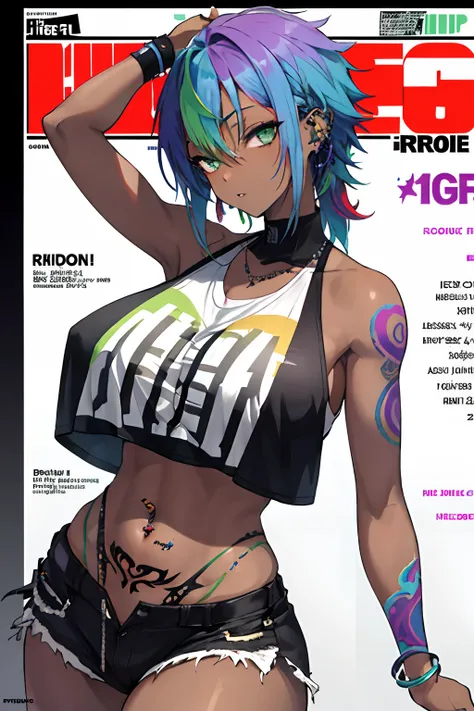 The most beautiful dance team girl, rainbow colored hair, green eyes, dark skin, tattoos and piercings, huge tits, trending hip hop clothes, magazine cover, high quality, high resolution