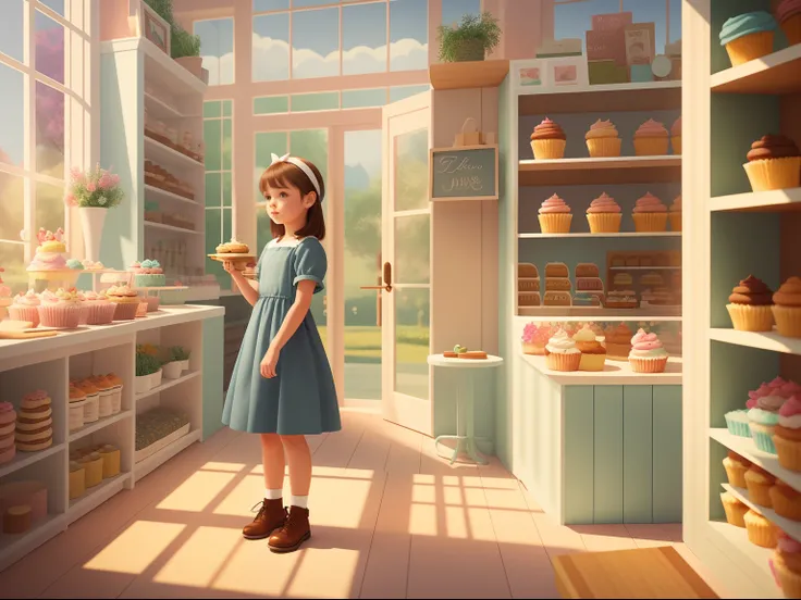 There was a little girl standing in a bakery looking at cupcakes, cute bakery shop, lovely digital painting, Dream bakery interior environment, fantasy bakery, cute 3 d render, childrens art in artstation, 3 d render stylized, stylized 3d render, fantasy m...