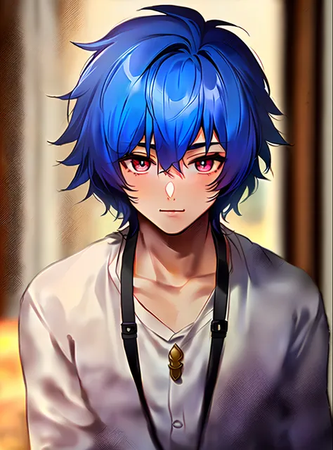 Young boy with blue tinted hair, red tinted eye, villaish look