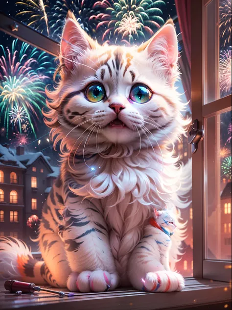 funny picture，at winter season，Kitten side in the window，((Brilliant fireworks outside the window，Huge fireworks，Extremely colorful，Colorful))