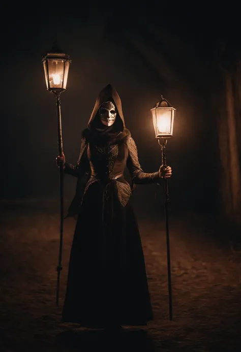 Gothic hunter woman with pitchfork, Venetian mask, Lantern with candle, sinister, Medieval atmosphere