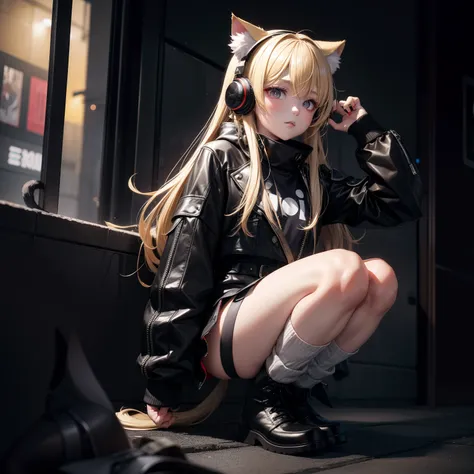 a blond、Black Mesh、Cat ear headphones、Eyes are stars、Red eye、hotpants、coat、The shirt、knee sox、boots、The sword、front facing