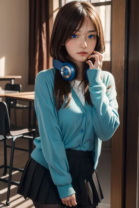 mikunakano, miku nakano, long hair, bangs, blue eyes, brown hair, shirt, hair between eyes, headphones, cardigan, headphones aro...