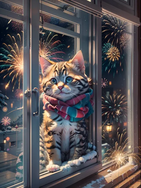 funny picture，at winter season，Kitten in the window，Brilliant fireworks outside the window，Huge fireworks，Extremely colorful，Colorful