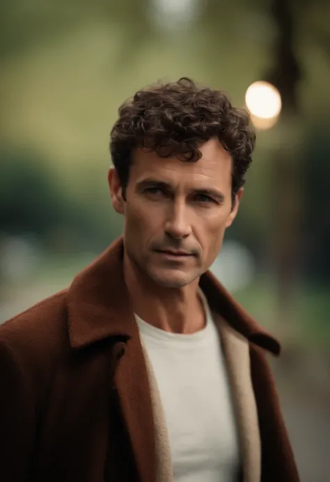 A handsom man in red, wearing a jacket, Tall and fit, (40 years old:1.1), (shaven:1.2), (short brown hair and a little curly:1.5),(very short hair:1.6). in the style of patrick demarchelier.