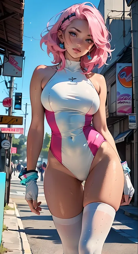 sporty girl,(((1girl))),((girl with bubblegum pink hair and freckles,extremely cute and gorgeous)),

(large breasts:1.4),saggy breasts,(((bubblegum pink hair:1.35,straight hair,long hair:1.4,colored inner hair,ear breathing))),((heterochromia:1.5,eye1 pink...