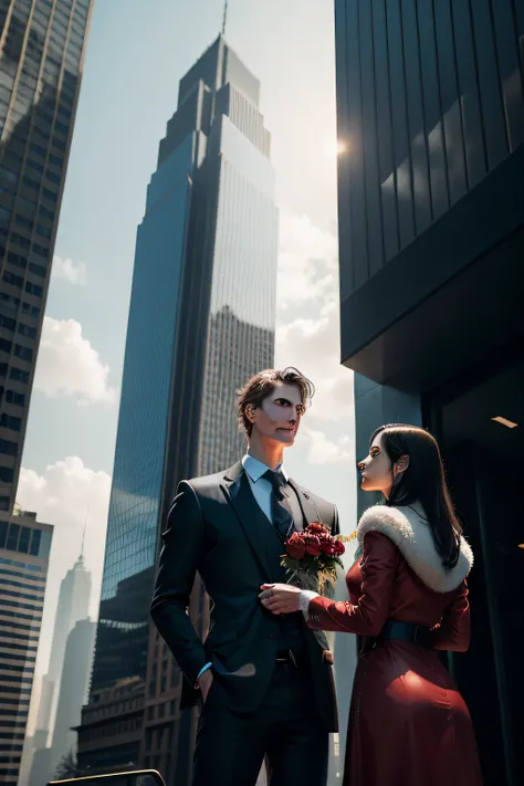 A tall guy with old costume standing in front of skyscraper and holding rose in his hand