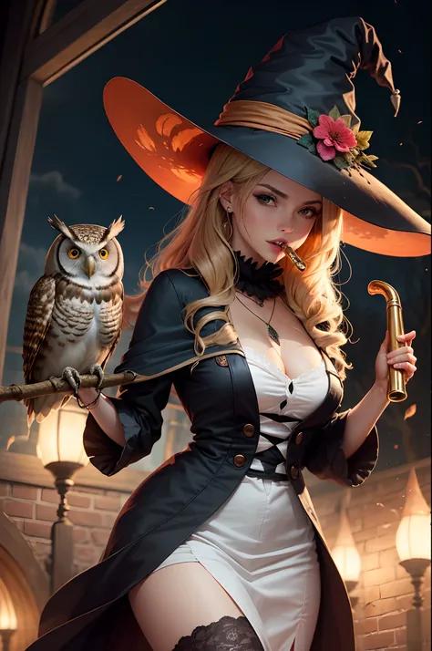 An attractive witch with an owl, tocando una flauta, estilo anime