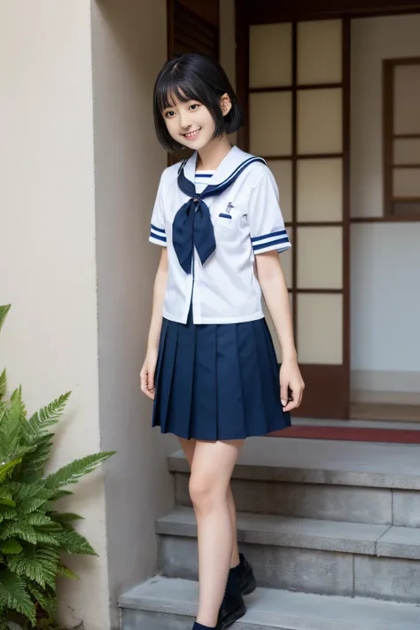 (​masterpiece、high-level image quality、hightquality),1 girl in，A Japanese Lady、17 age、 A dark-haired、bangss，Clear black eyes ，Beautiful skin ， Japan Girls High School Short Sleeve Sailor School Uniform，Red ribbons、 Blue_Skirt， Soto， bobhair， 鎖骨， skyporn， f...