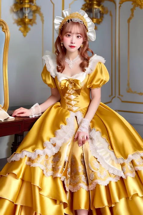 Close up portrait of woman in gold satin dress and white satin gloves, rococo dress, rococo queen, Victorian Gold Dress, rococo ruffles dress, dress in the style of rococo, fantasy dress, Lolita style, ethereal fairy tale, Icy Gold Dress, victorian dress, ...