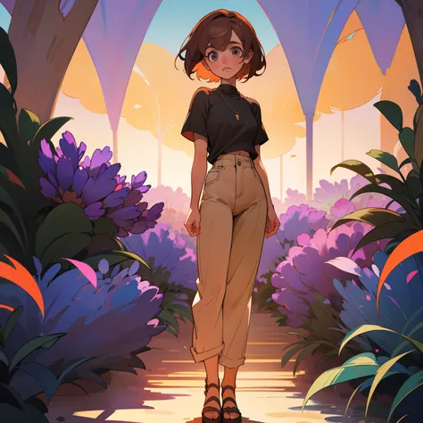 girl in summer, light brown hair, white blind eyes, lavender top, orange bottoms, concept art, standing still