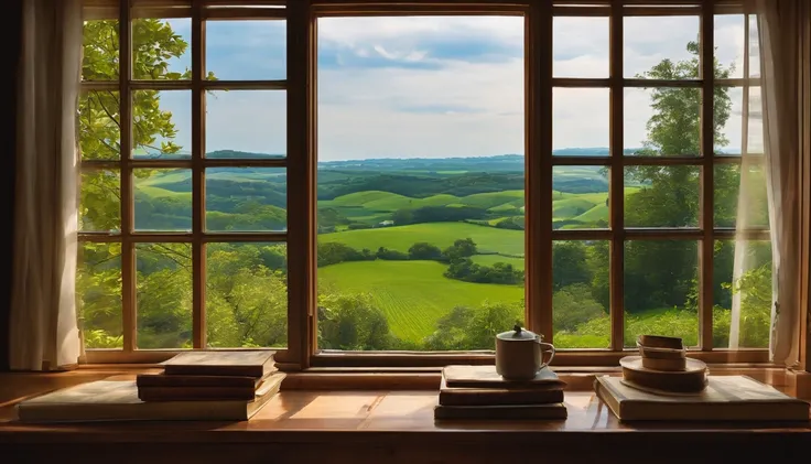 open window, , beautiful landscapes, books, tree, green, Studio Ghibli style、You can feel the feel of the brush、countryside view