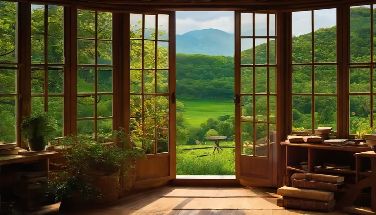 open window, , beautiful landscapes, books, tree, green, Studio Ghibli style、You can feel the feel of the brush、countryside view