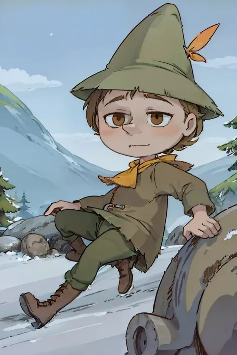 Snufkin, 1boy, short brown hair, pointy nose, green coat, green pants, brown boots, green hat with yellow feather, yellow scarf, dark brown eyes, perfect anatomy, solo