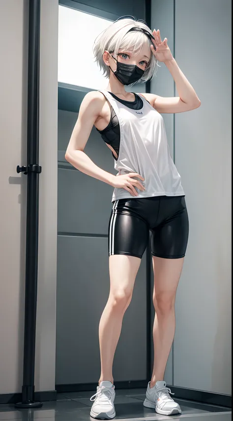 1 beautiful girl medium breath, small body ,ted white hair, short hair, black tight short pants,white singlet,use masker on face,hand raise up,white sneaker,full body,look to viewer,stand pose