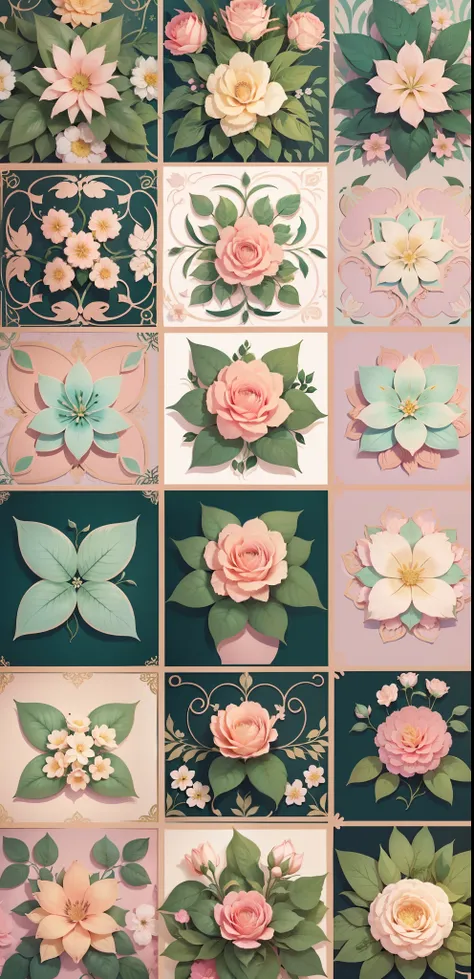 Set pattern of large exotic flowers with plants and vines, defined shape, flat style, vector style, drawing style, naïve style, wallpaper style, in soft pastel colors such as old pink, pastel blue, light blue, beige, pastel violet, pastel yellow and white....