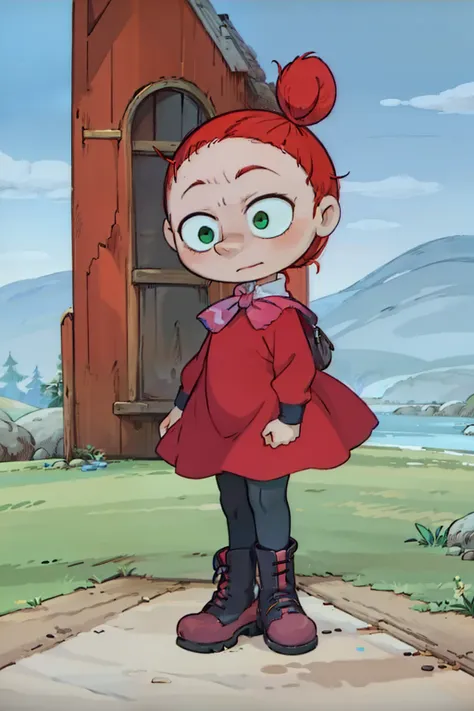 little my, 1girl, red dress, black boots, green eyes, orange hair, single hairbun, pink bow, child, perfect anatomy, solo