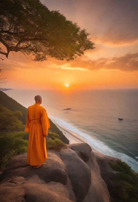 Bald Asian monk. He is 9 in an orange-yellow robe. It stands on the edge of a cliff above the sea. Sunset.