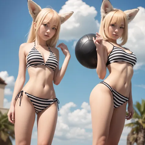 masutepiece,hight resolution, Shorts, 1girl in, ball, tail,animal_Ears, Swimsuit, Short_Shorts, Striped, bikini of, Fox_Ears, Solo, Fox_tail, Striped_bikini of