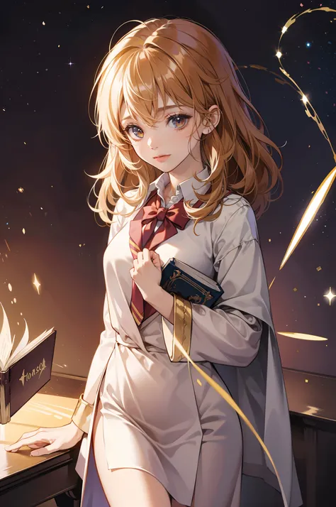 hermione granger, petite body shape, tie, masterpieces, best quality anime 4k wallpaper, holding a book, holy shiny magic effect, magical aura, classroom background, best lightning， nude