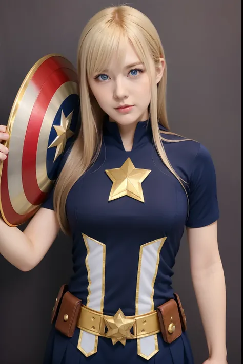 woman cosplaying、costume is gorgeous captain america with navy and gold decorations、a blond、blue eyes、semilong hairstyle