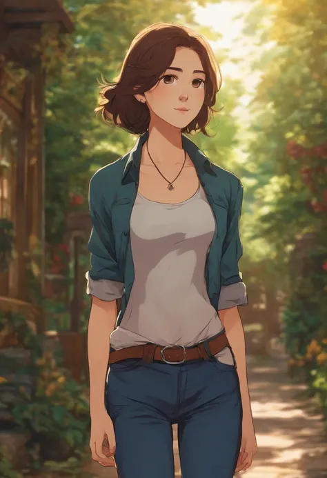 Girl wearing skinny jeans with a shirt without open T-shirt. Studio Ghibli anime.