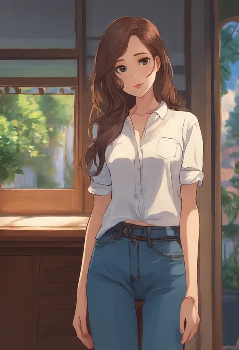 Girl wearing skinny jeans with a shirt without open T-shirt. Studio Ghibli anime.