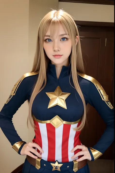 woman cosplaying、costume is gorgeous captain america with navy and gold decorations、a blond、blue eyes、dreadlock hairstyle