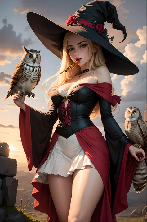 An attractive witch with an owl, tocando una flauta, estilo anime