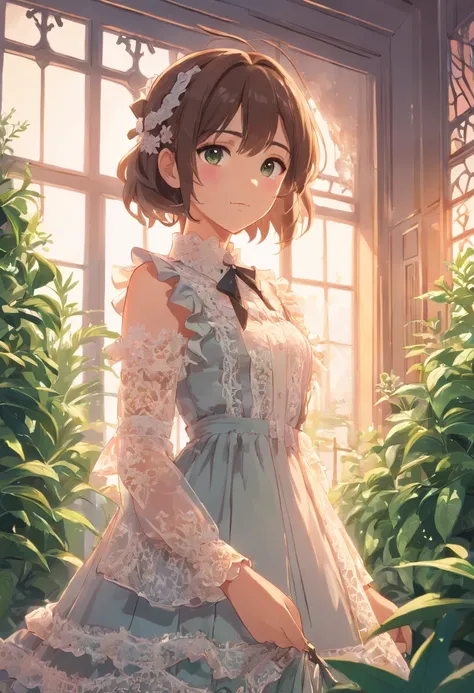 1girl,frill gothic lolita, dress, (lace:1.4),dynamic pose,(face close up:0.9),indoors,plants,