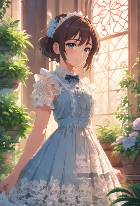 1girl,frill gothic lolita, dress, (lace:1.4),dynamic pose,(face close up:0.9),indoors,plants,