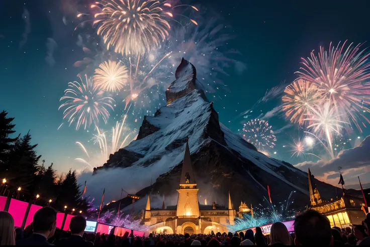 Matterhorn, fireworks, crowd, sky shot